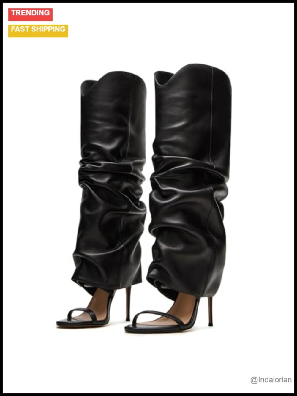 Slouched Ruched Knee High Heels Pull On Wide Calf Stiletto Open Toe
